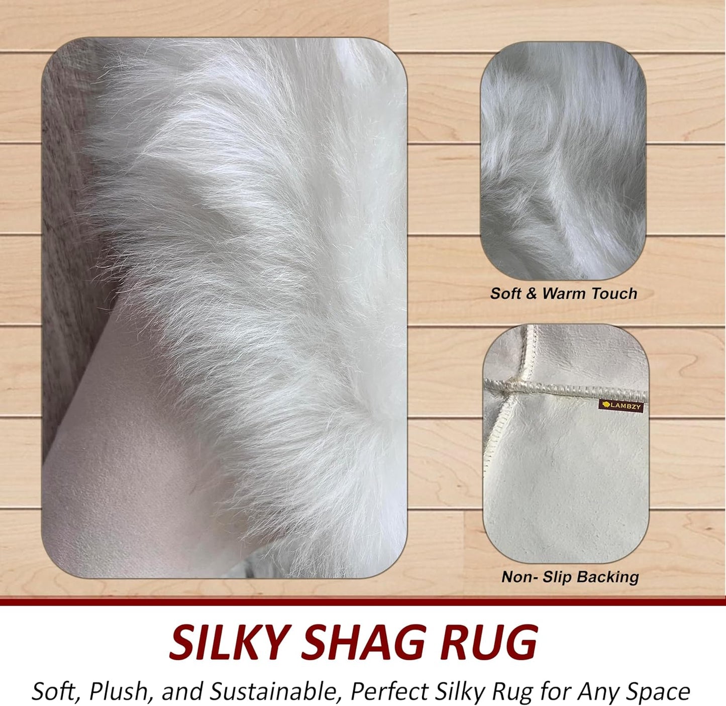 LAMBZY Faux Sheepskin Hypoallergenic Free Shape Silky Shag Rug, Luxury Shaggy Silky Plush Carpet for Bedrooms Rugs Living, Kids Rooms Sofa Floor Rugs (Double Side by Side 3'x4', 90x120cm White)