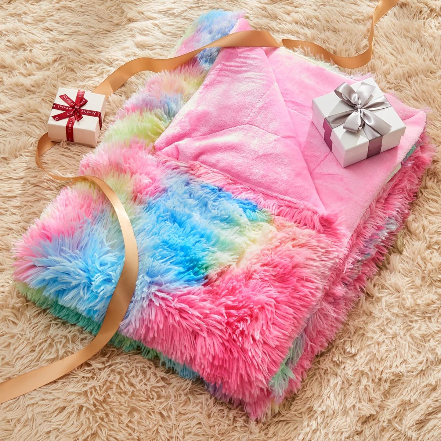 GONAAP Fuzzy Faux Fur Throw Blanket Queen Size Dark Rainbow Super Soft Cozy Plush Fuzzy Shaggy Blanket for Couch Sofa Bed (Dark Rainbow, Queen(90"x90"))