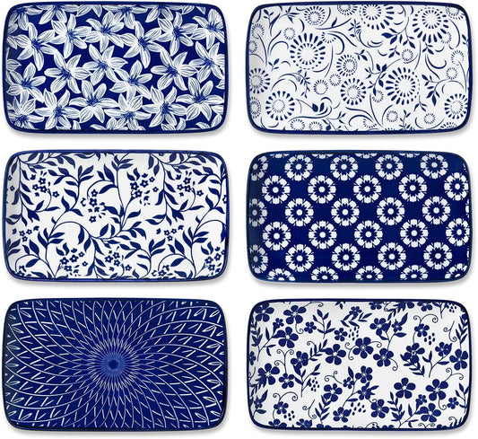 vancasso Selene 8.5 Inch Rectangular Salad Plates Set of 6, Ceramic Salad Plates for Sushi, Dessert, Appetizer, Porcelain Platters for Kitchen Decor, Microwave & Oven Safe, Vintage Blue & White Color