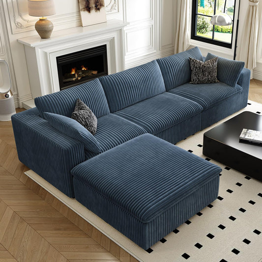 118" Cloud Couch Modular Sectional Sofa for Living Room,Modern Sofa with Deep Seat，L-Shape Boneless Couch with Ottoman,Comfy Upholstered Corduroy Couches for Apartment, Studio, Office,Bedroom，Blue