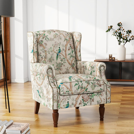 UIXE High Back Floral Accent Chair, Fabric Upholstered Armchair for Living Room, Retro Wingback Arm Chair with Solid Wood Legs, Nailhead Trim Single Sofa Bedroom Reading Seat - Bird Pattern