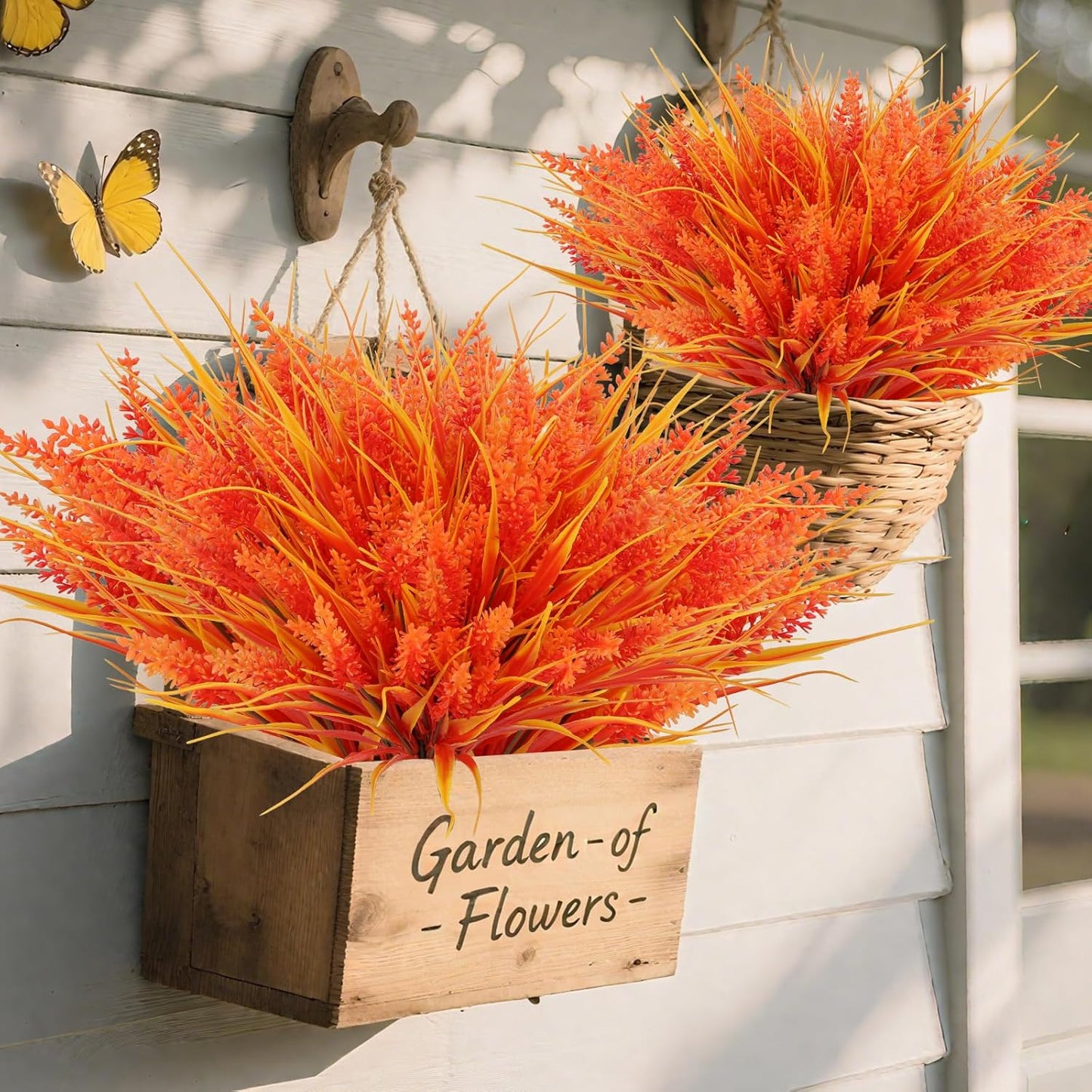 Geegoods 24 Bundles Artificial Fall Flowers Outdoor – Faux Lavender Flowers with Monkey Grass UV Resistant Plastic Faux Plants for Garden Porch Patio Home Decor, Autumn Color