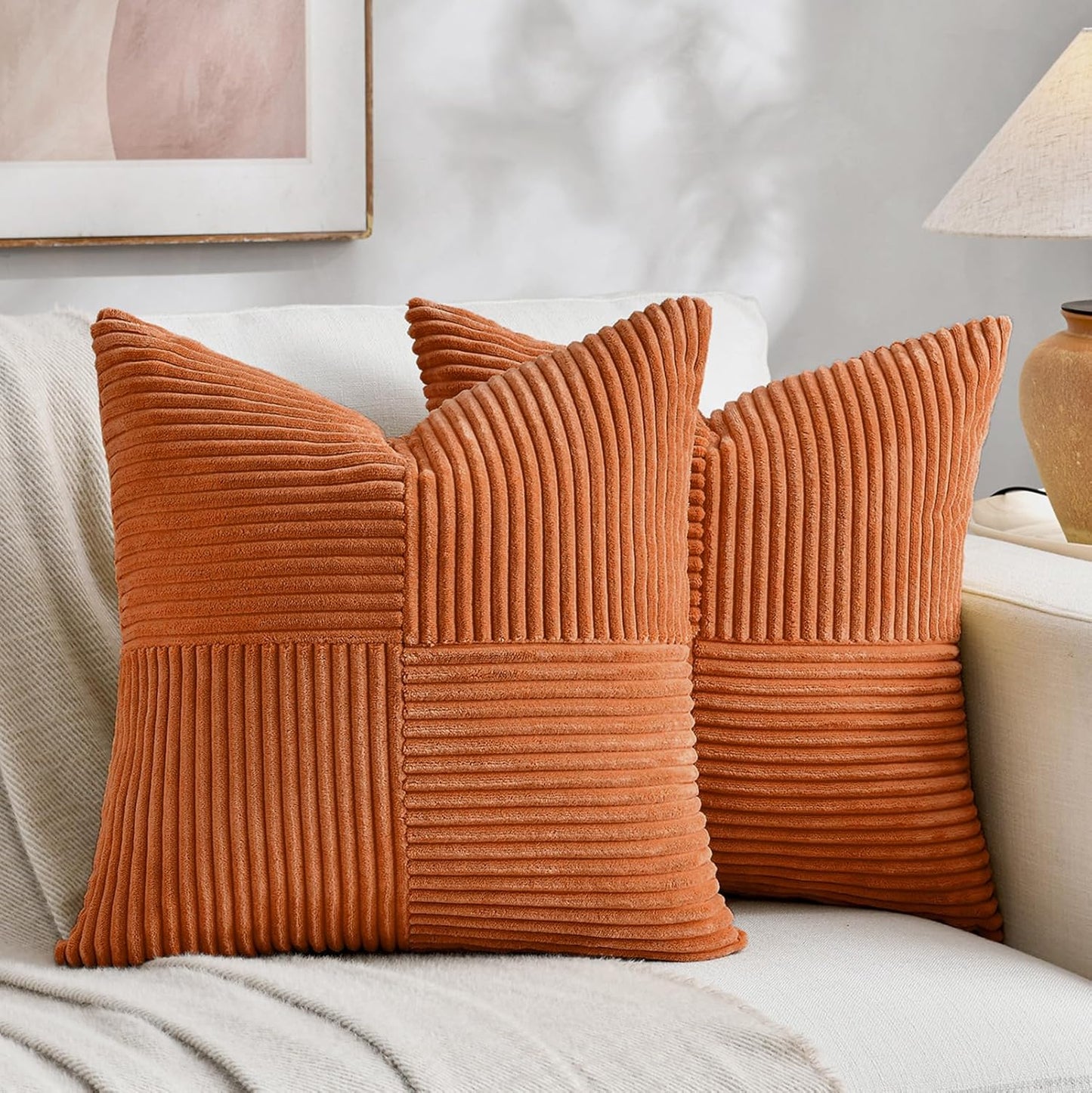 Fancy Homi 2 Packs Orange Euro Decorative Throw Pillow Covers 26x26 Inch for Living Room Couch Bed, Farmhouse Boho Home Decor, Soft Corss Corduroy Patchwork Textured Square Cushion Case 66x66 cm