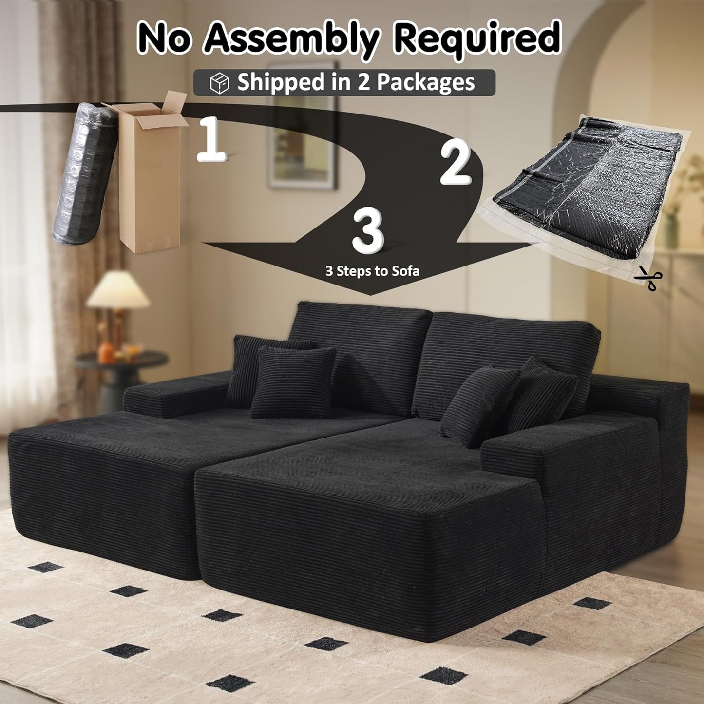 ovios 81" Oversized Sectional Double Lounge Chaise with Cloud Plush Sofa Bed, No Assembly Required, Fluffy Modern Sleeper Loveseat Chair for Indoor Living Room Bedroom Reading, Black (Corduroy Fabric)