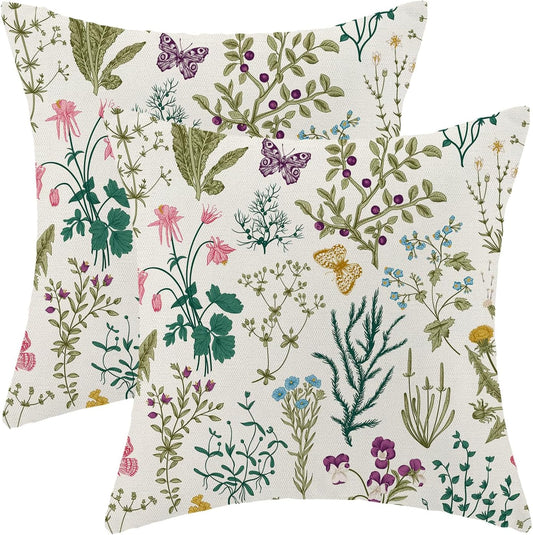 CXMEIFLY Spring Pillow Covers 20 x 20 Inch Set of 2 Vintage Sage Green Teal Wild Flowers Decor Throw Pillows Leaves Plant Outdoor Farmhouse Decorative Cushion Cases for Couch Bed Sofa Decoration