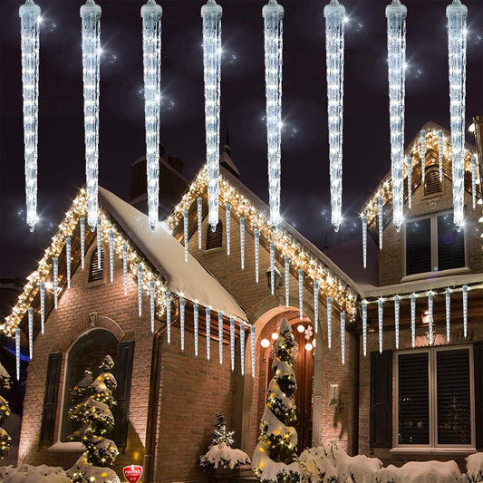 WATERGLIDE 16 Icicles Meteor Shower Lights, 12" Outdoor Icicle Christmas Lights 384 SMD LED Crystal Ice Falling Light, Connectable Raindrop Iciclelight, Xmas Winter Party Tree Holiday Decor, White