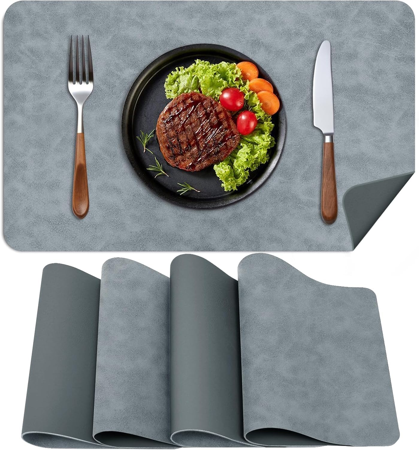 Faux Leather Placemats, Set of 4, 12''×17' Textures on Both Sides, Heat-Resistant, Waterproof and Oil-Proof, Reversible Place Mats for Kitchen, Dining Table,Outdoor-Grey&Dark Grey