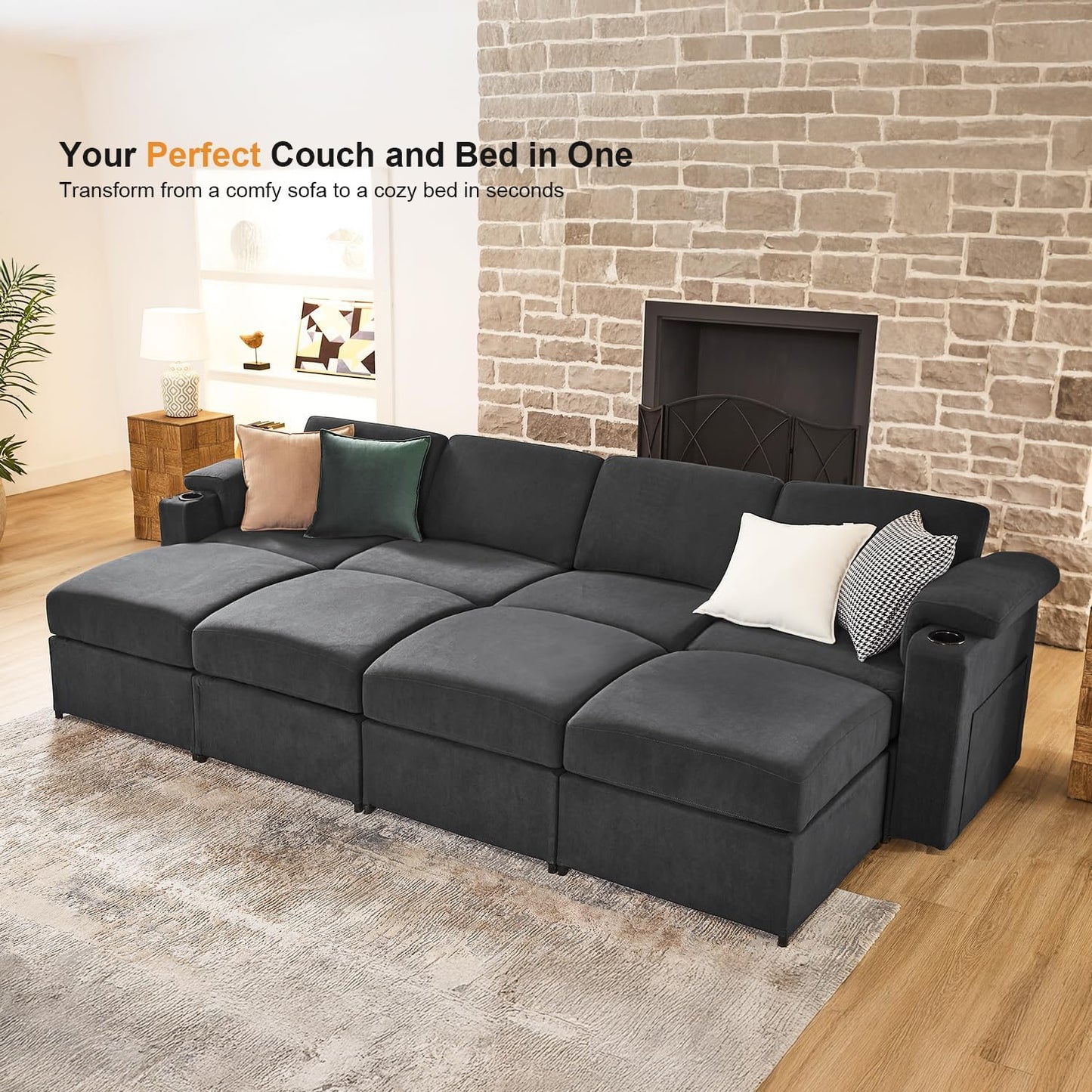 Modular Sectional Sofa Couches for Living Room Velvet Cloud Couch Oversized U Shaped Sectional Couch Convertible Sleeper Sofa Chaise Padded Armrests Cup Holder (Grey, 8 Seats)