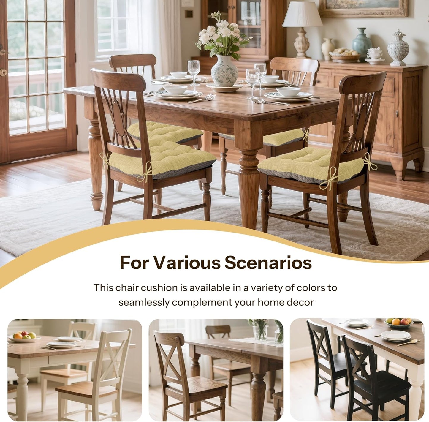 Non Slip Chair Cushions for Dining Chairs Set of 4 Kitchen Chair Cushions 18"x18"x3" Turfted Chair Pads Comfortable and Soft Seat Cushion with Ties, Yellow