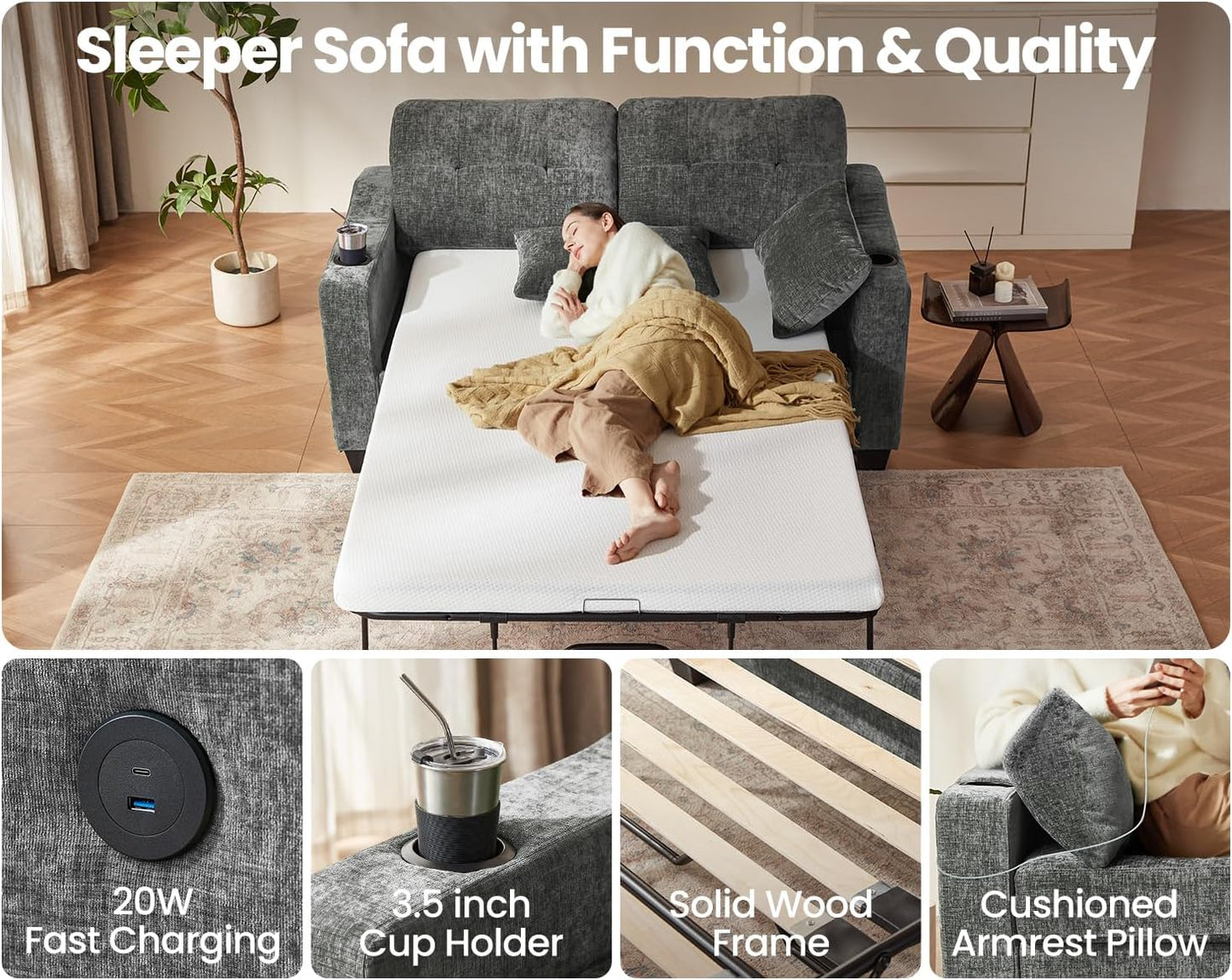 CHIC HOUSE Pull Out Sofa Bed, Full Size Sleeper Sofa, 2-in-1 Convertible Chenille Couch with USB Charging, Memory Form Couch for Living Room, Apartment & Small Space (Dark Grey, Chenille - Full)