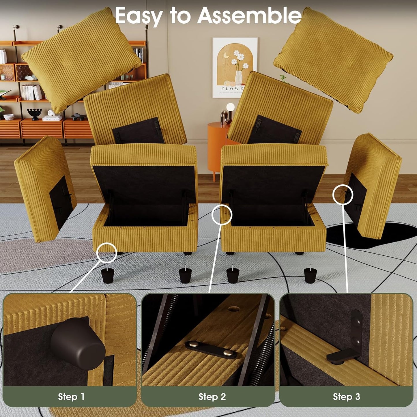 LLappuil Modular Sectional Sofa with Storage Seats, Corduroy Convertible Modular U Shaped Sectional Couch for Living Room, 6 Seat Oversized Sofa with 6 Back Cushion 6 Throw Pillow, Yellow