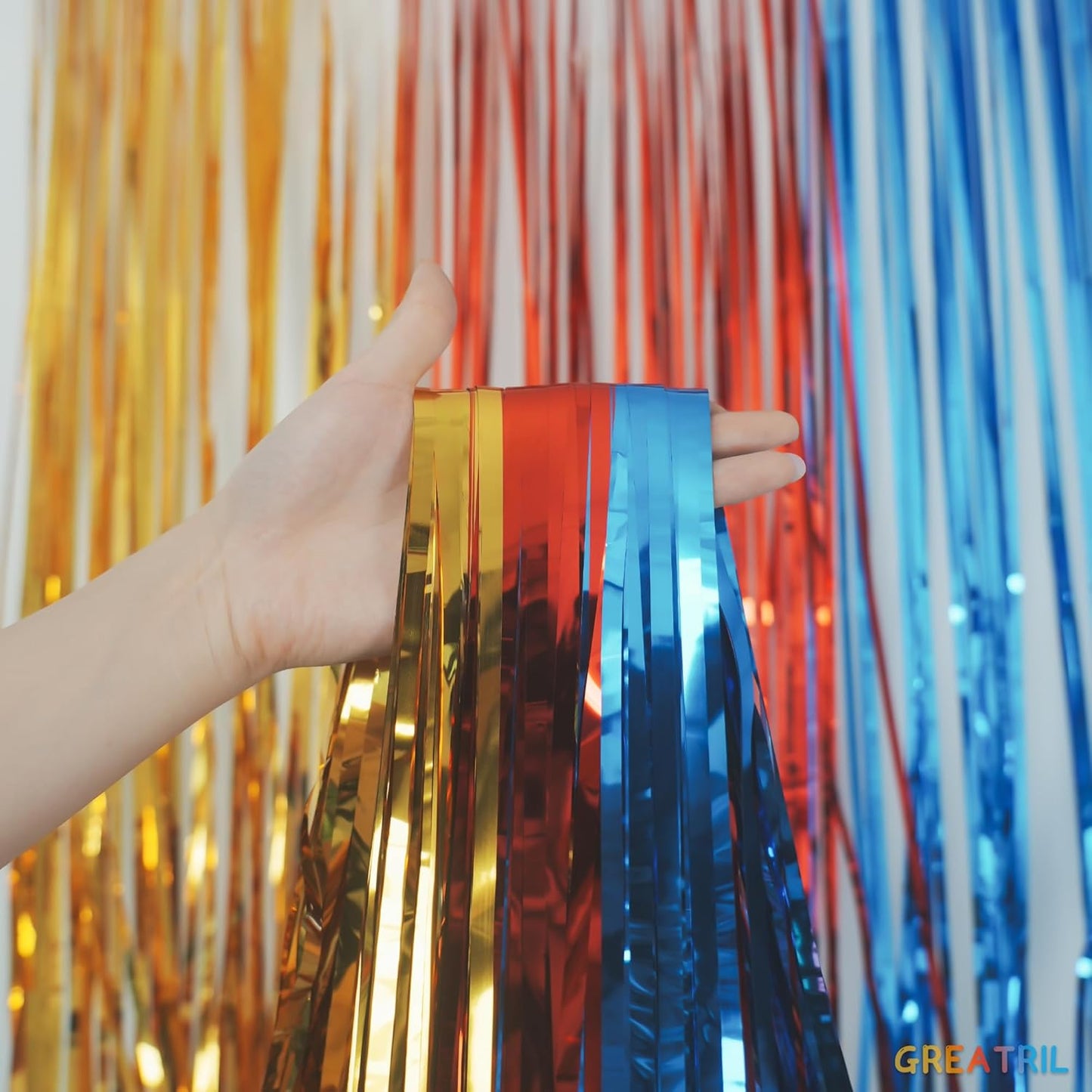 Gold Red Blue Party Backdrop - GREATRIL Tinsel Fringe Curtain for Paw Birthdays Decorations 2 Packs