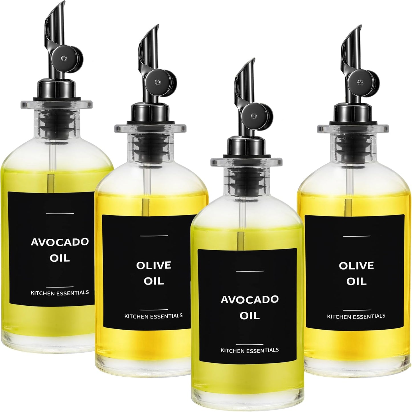 Olive Oil Dispenser Bottle - Includes 55 Kitchen Essential Labels - Cooking Oil Bottles for Kitchen, Coffee Syrup Dispenser - Pourer Spout with 11.8 fl oz Glass Container Cruet - 4pcs, Black