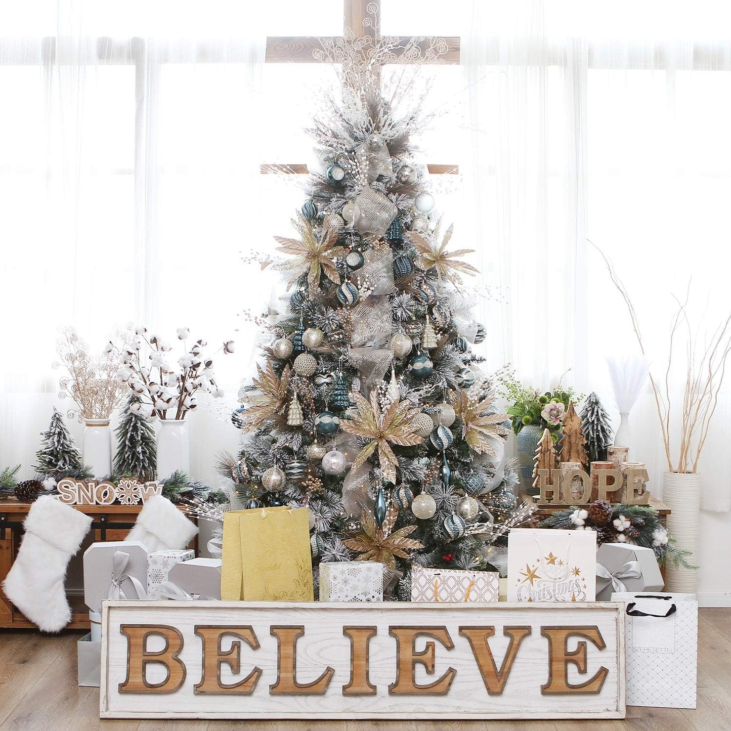 Sea Team 60mm/2.36" Delicate Contrast Color Theme Painting & Glittering Christmas Tree Pendants Decorative Hanging Christmas Baubles Balls Ornaments Set - (Stone Blue & Silver Grey), Pack of 30