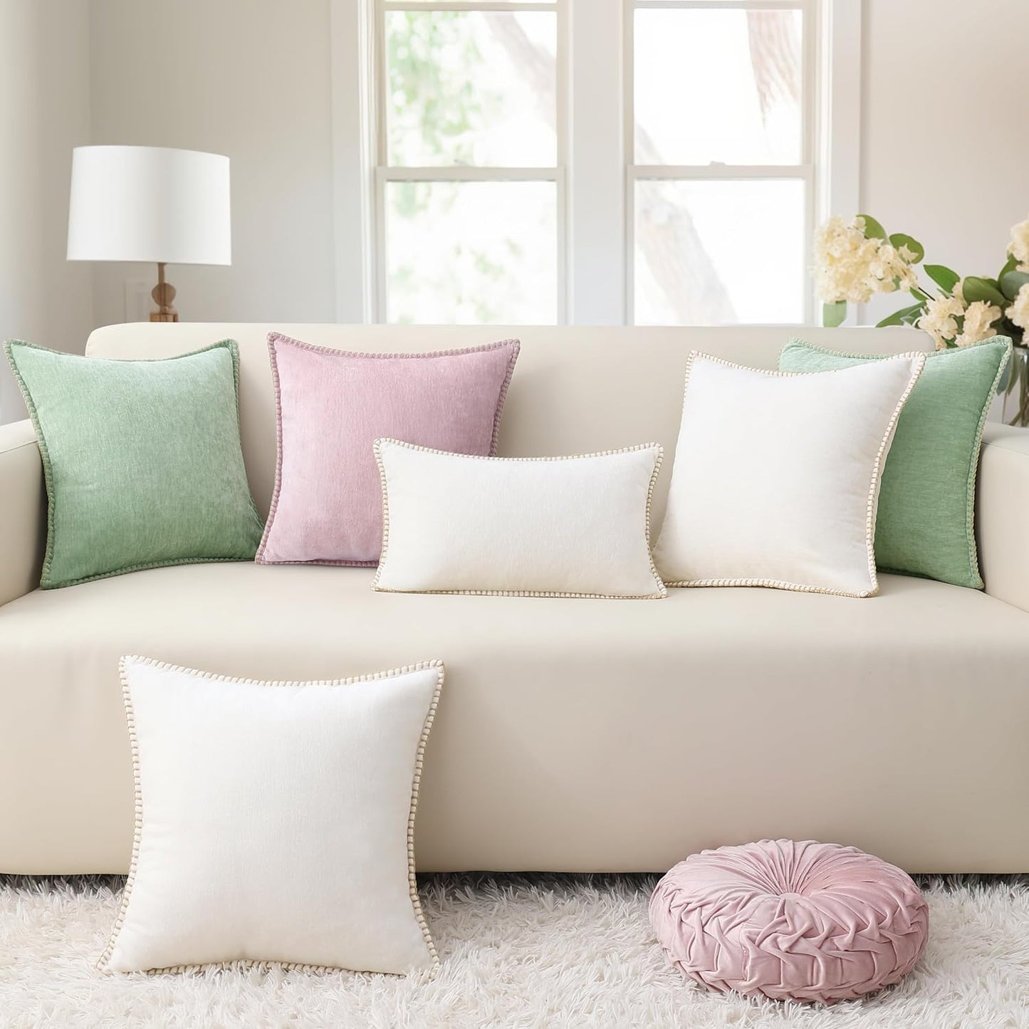 decorUhome Chenille Soft Throw Pillow Covers 20x20 Set of 2, Farmhouse Velvet Neutral Decorative Euro Pillow Covers with Stitched Edge for Couch Sofa Bed Home Decor, Sage Green