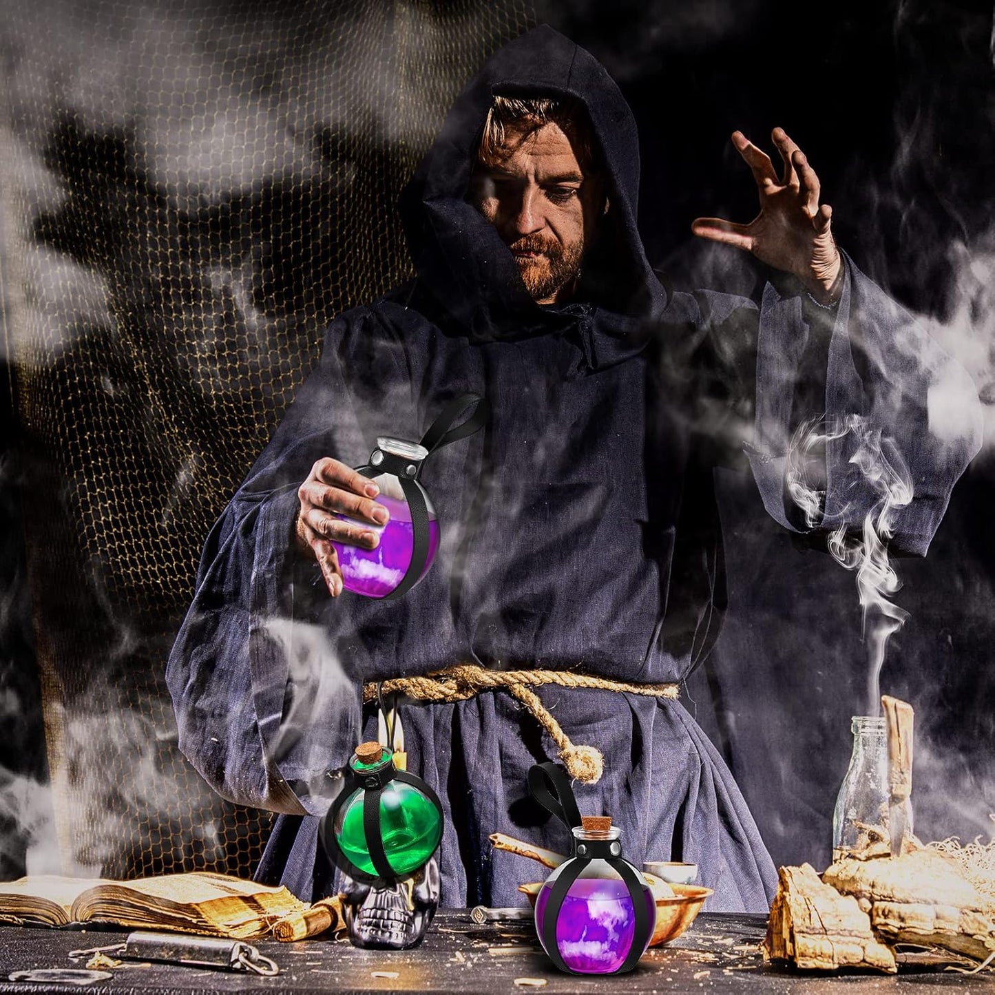 Patelai 6 Pcs Halloween Glass Potion Bottles with Belt Cork Renaissance Witch Costume Accessories Witch Props Potion Bottle for Halloween Party Decor Cosplay DIY Crafts Gift (Black)