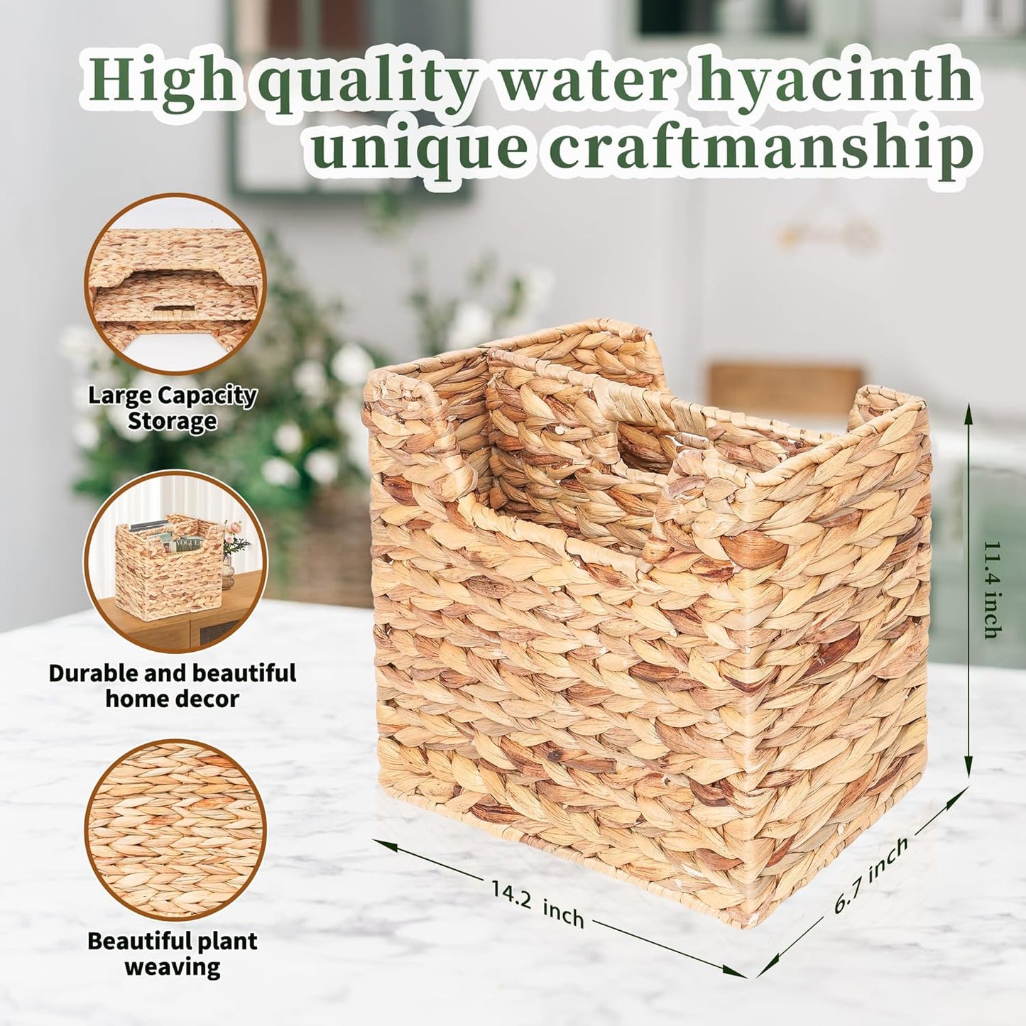 Magazines Holder - Wicker Magazine Rack, Handwoven Magazine Holders for Bathroom, Magazine Organizer for Books, Newspaper, Water Hyacinth Magazine Basket, 14.2 x 11.4 x 6.7 inch