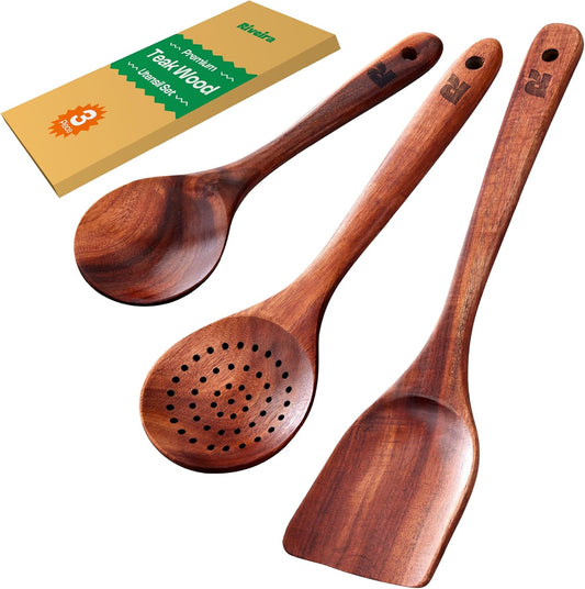 Riveira Set of 3 Dark Teak Spoons for Cooking - Wooden Kitchen Utensil Set - Non-Toxic Cooking Utensils - Wooden Spatula for Cooking - Teak Wood Utensils for Non-Stick Cookware