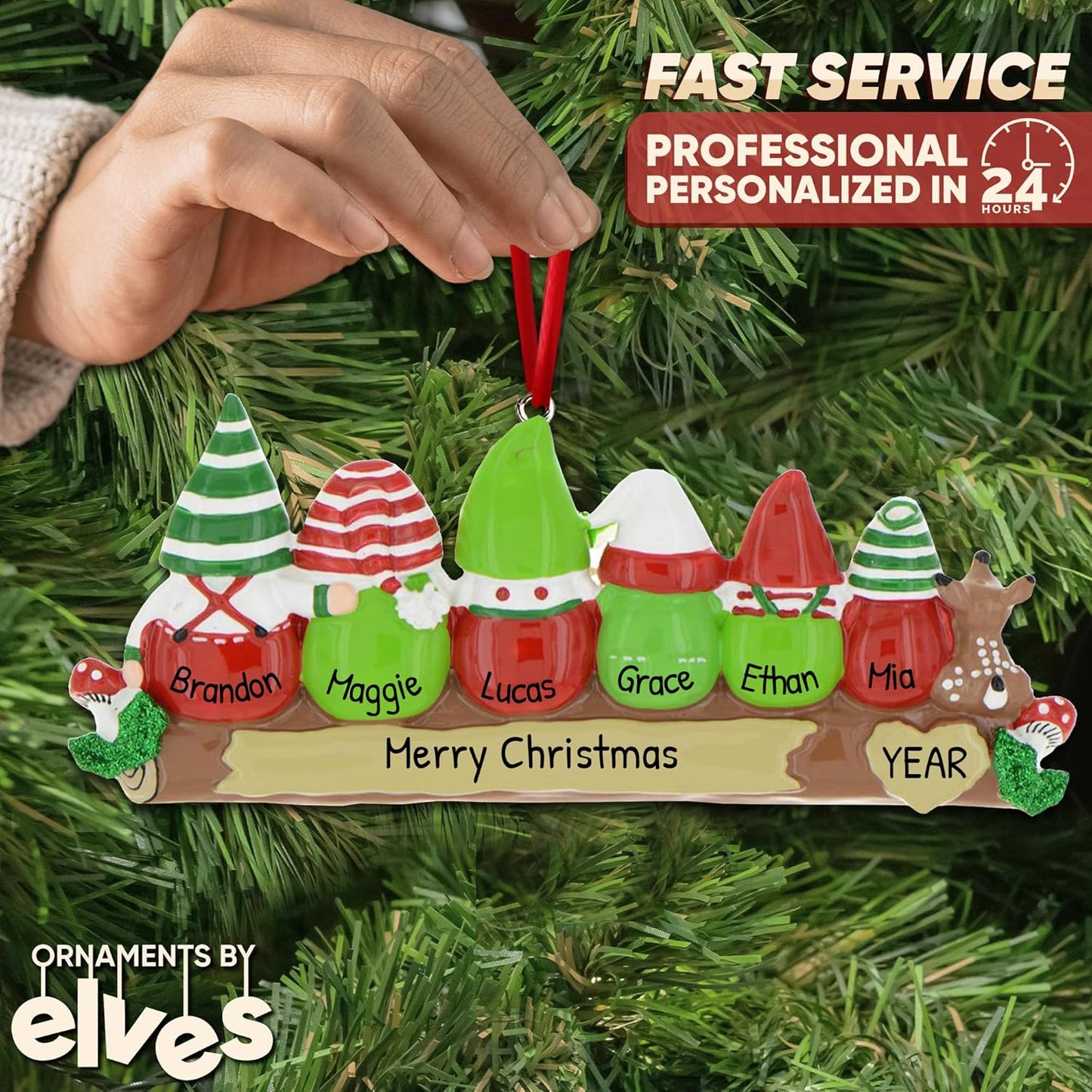3D Gnome Family of 6 Ornament 2025 Personalized Family Christmas Ornaments 2025 | Woodland Deer Mushrooms Personalized Tree Ornaments for Grandchildren, Siblings & Grandkids of Six Ornament Gnomes