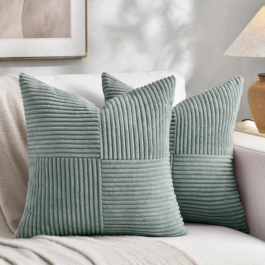 Fancy Homi 2 Packs Grey Blue Decorative Throw Pillow Covers 18x18 Inch for Couch Bed Sofa, Rustic Boho Farmhouse Home Decor, Soft Corss Corduroy Patchwork Textured Square Cushion Case 45x45 cm