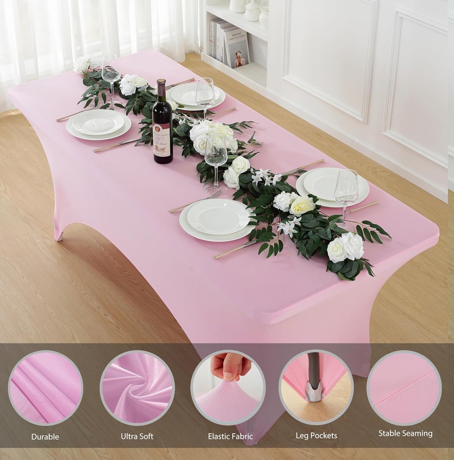 Craft And Party 2 Pack 8ft Light Pink Spandex Tablecloth – Fitted Stretch Cover – Universal Fit for Folding Tables – Wrinkle-Free, Washable – Ideal for Parties, Weddings, Events