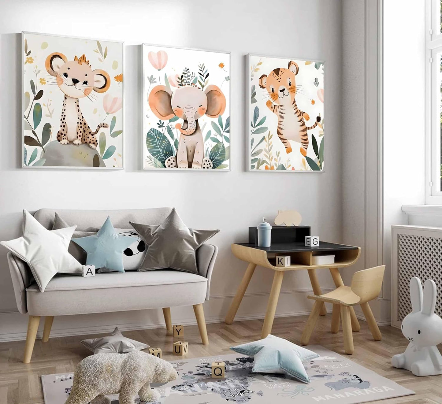 3 Pcs Safari Animals Nursery Canvas Wall Art Jungle Animals Cheetah Elephant Tiger Kids Room Illustration Pictures Wall Decor Posters Print Artwork for Classroom Boy's Girl's Room Bedroom
