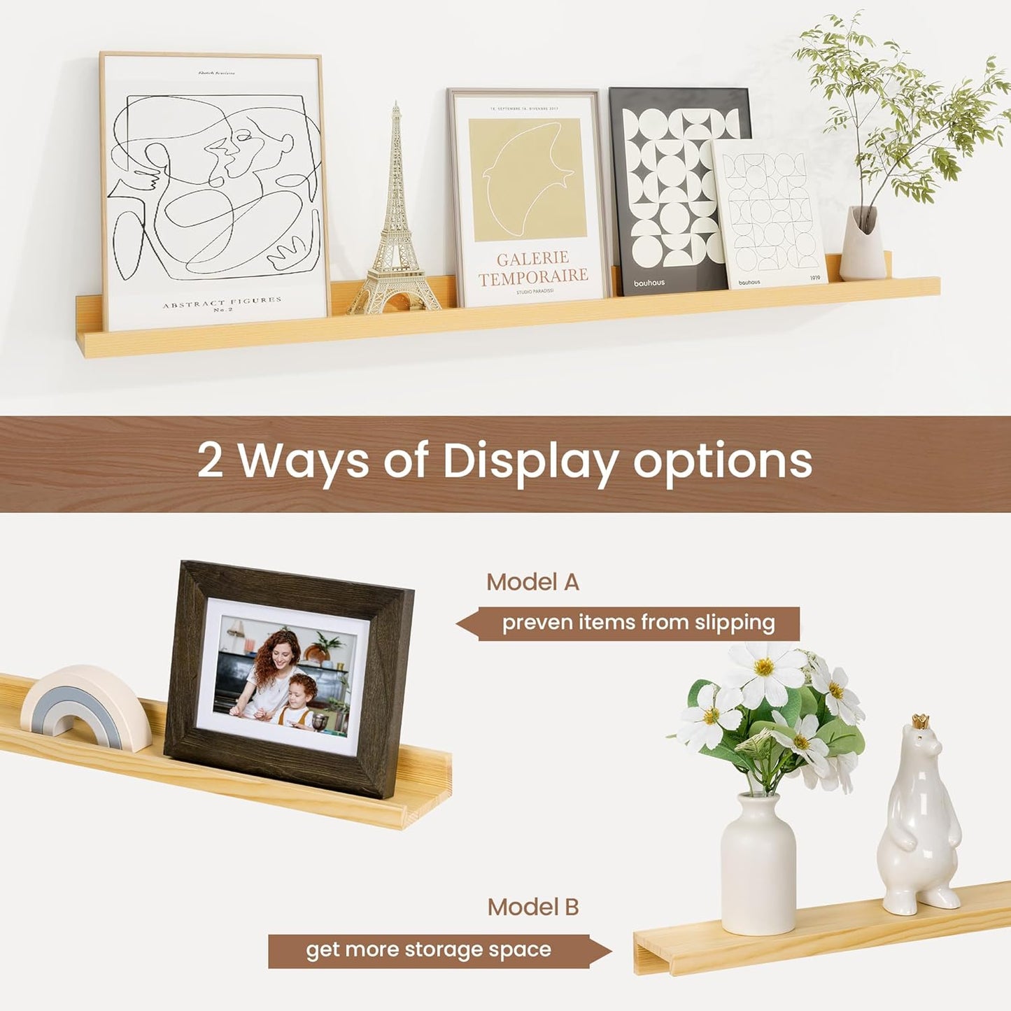 Picture Ledge Shelf, Solid Pine Wood Floating Shelves Set of 2, 36 Inches Nursery Book Shelves for Toys Storage, Kids Bookshelf Wall Mounted for Living Room Bedroom Decor Books Photo Frames, Natural