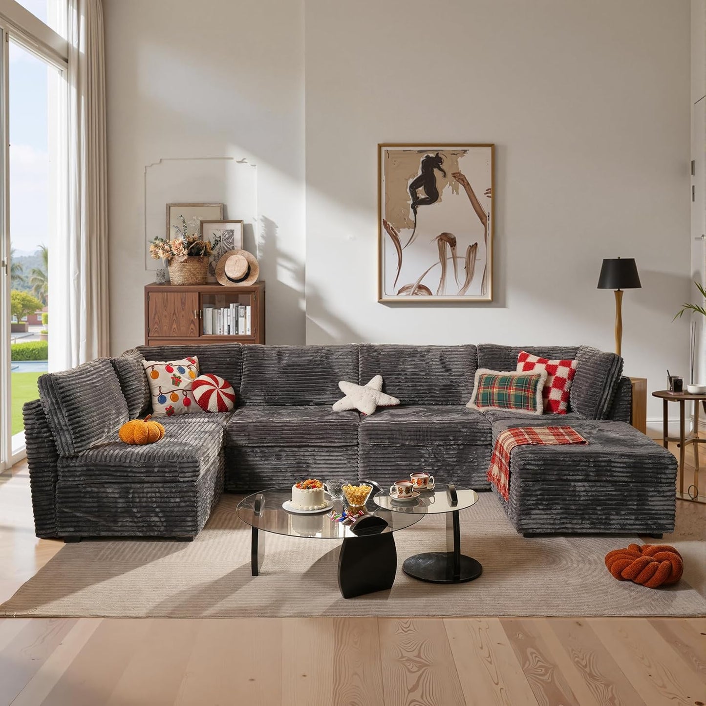 ovios Sectional Sofa Couch with U-Shape Chaise Sofa Bed, Comfy Modular Cloud Couches with Deep Seat, Modern Upholstered Plush Corduroy Sofas Set for Living Room, 6-Seater, Grey