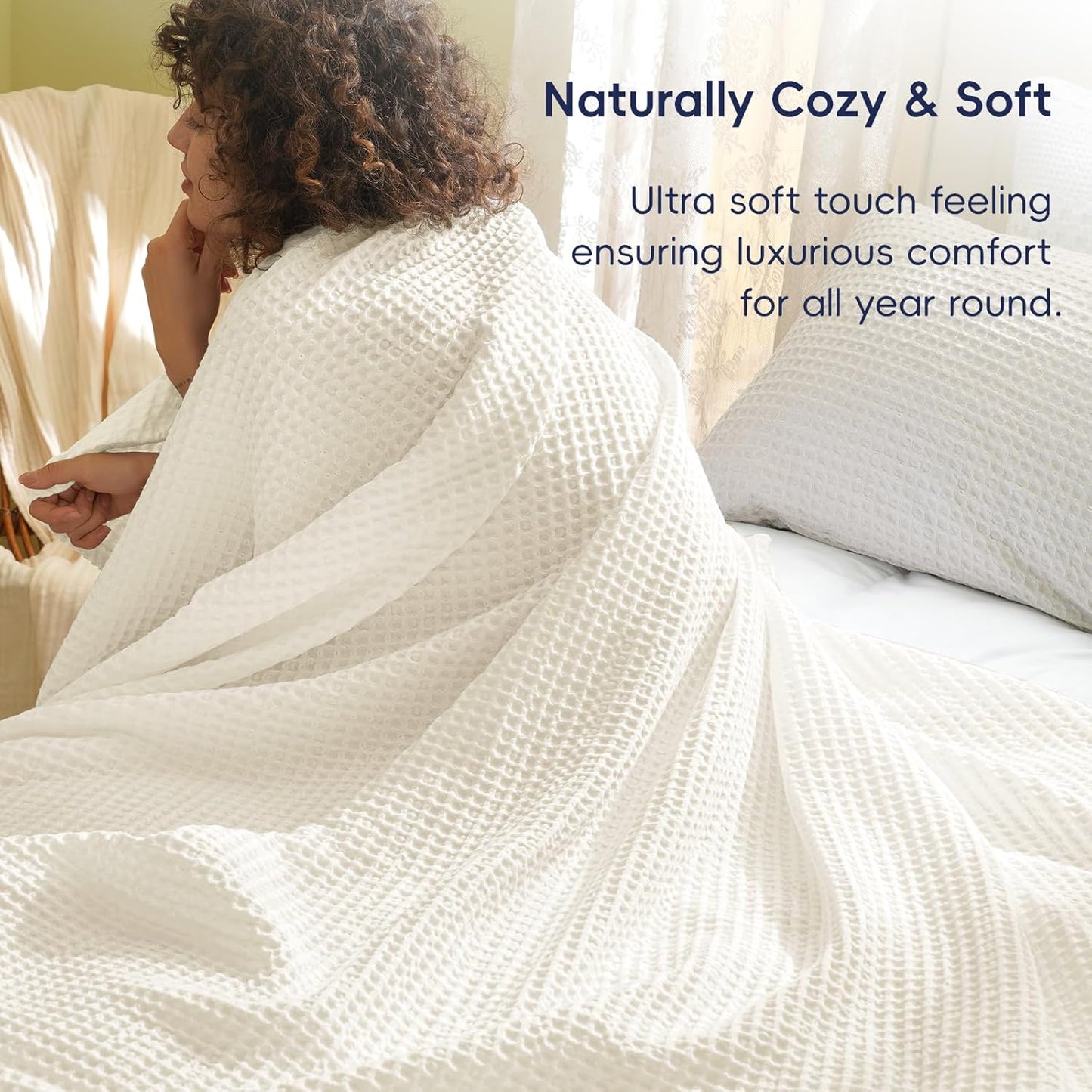 PHF Ultra Soft Waffle Weave Blanket Queen Size 90"x 90"- Washed Lightweight Breathable Cozy Woven Blanket for Bed - Aesthetic Decor for Couch Bedding Sofa Home Car - Coconut White