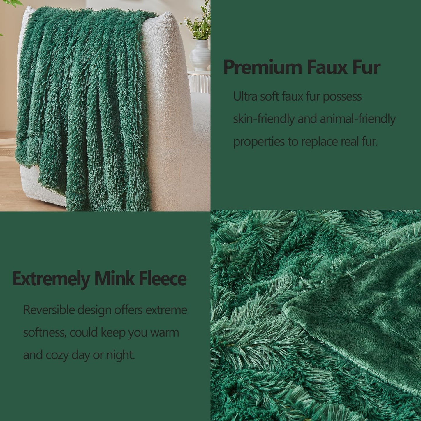 GONAAP Fuzzy Faux Fur Throw Blanket Dark Green Super Soft Cozy Plush Fuzzy Shaggy Blanket for Couch Sofa Bed (Dark Green, Throw(50"x60"))