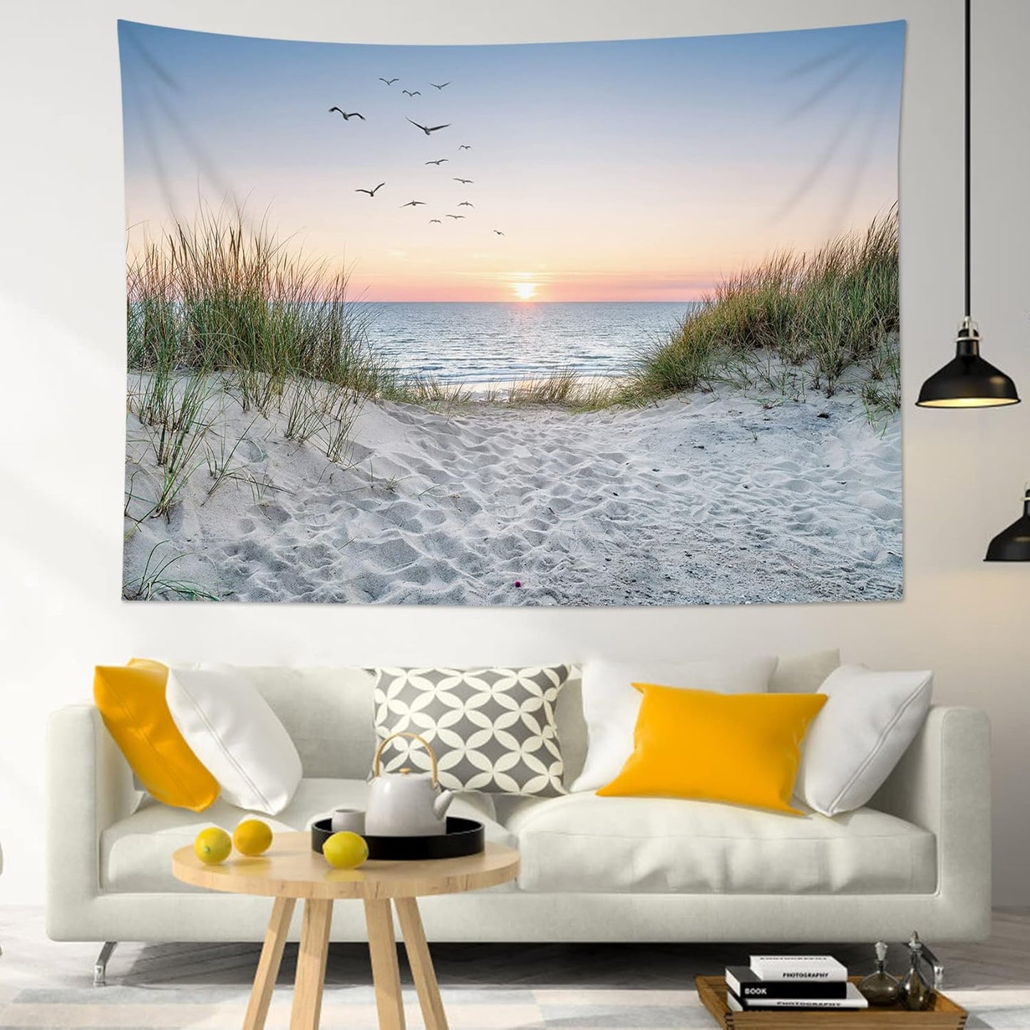 HVEST Ocean Beach Tapestry Wall Hanging, Sunset Seabird and Beach with Grass, Natural Landscape for Bedroom, Living Room, Dorm Decoration, 92.5x70.9 Inches