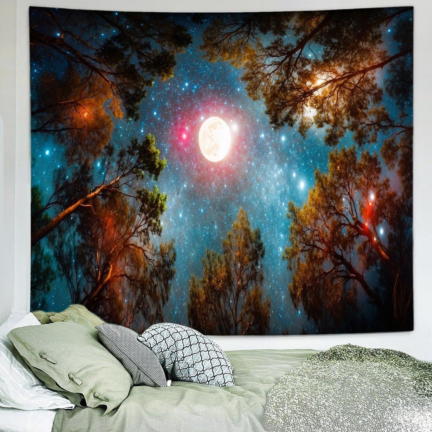 Delur Forest Tapestry Galaxy Moon Stars Night Space Starry Sky Wall Hanging Tapestry Aesthetic Tree Nature Landscape Psychedelic Headboard for Bedroom Living Room Home Decor (59.1" x 78.7")