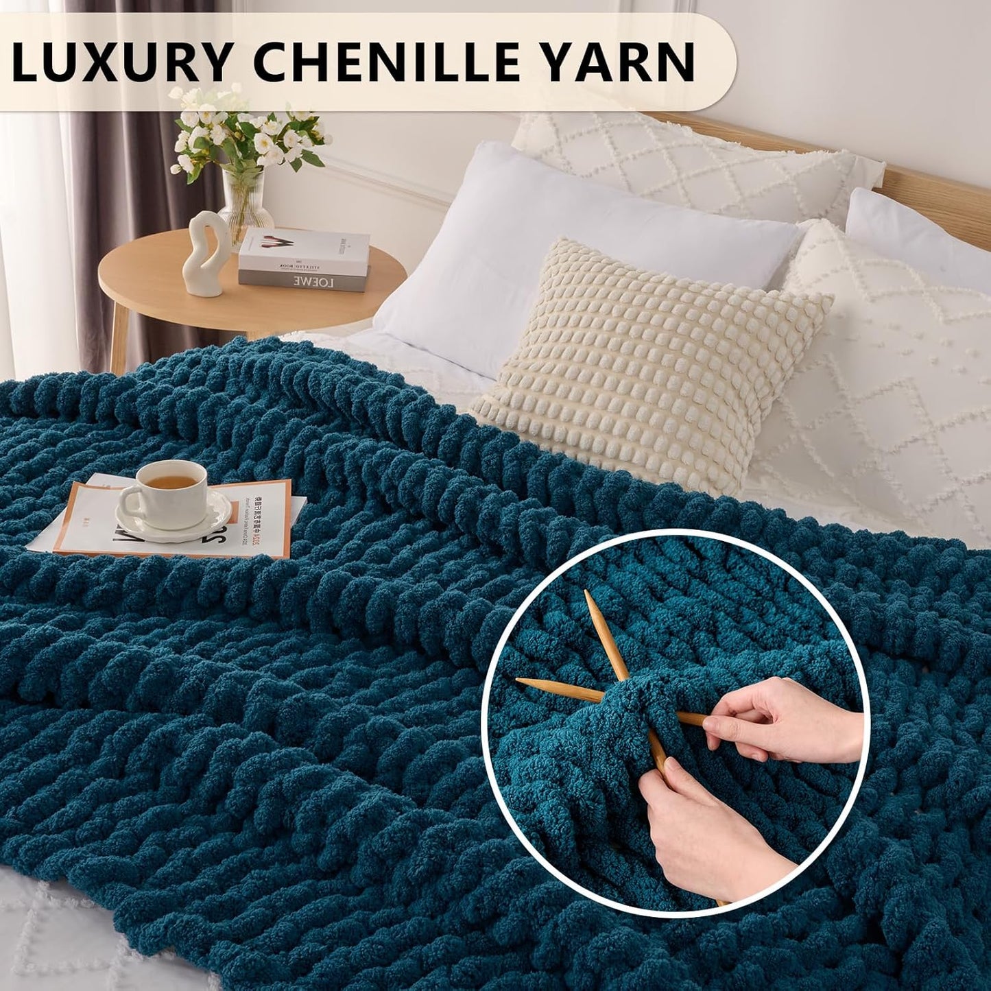 L'AGRATY Chunky Knit Blanket Throw: 50''x60'' Chenille Chunky Knitted Throw Blanket for Bed Couch - Handmade Thick Big Cable Knit Blanket - Large Crochet Rope Blanket for Home Decor(Blue)