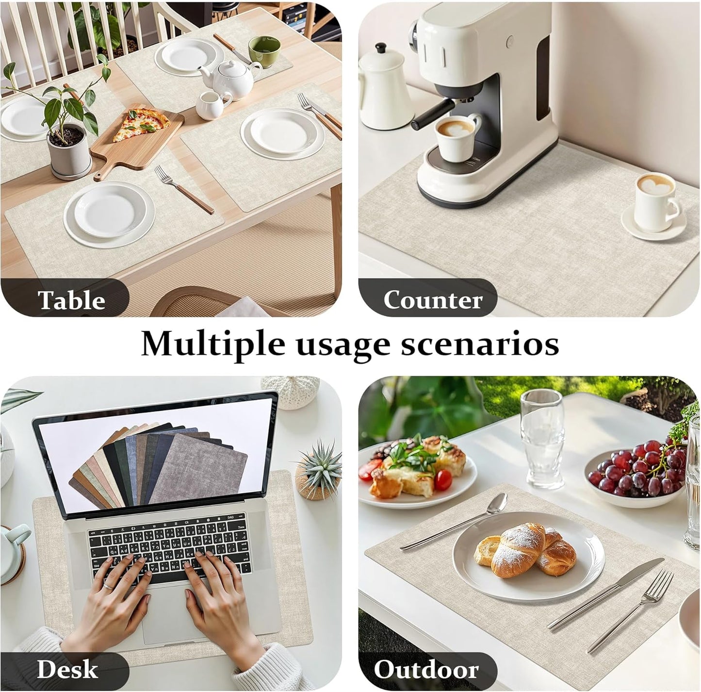 FROMHEART Faux Leather Placemats Set of 4–Waterproof,Heat/Oil Stain-Resistant PU Table Mat–Reversible,Non-Slip,Easy to Clean Place Mats for Kitchen,Dining,Indoor/Outdoor,(Beige,11.8" x 17")