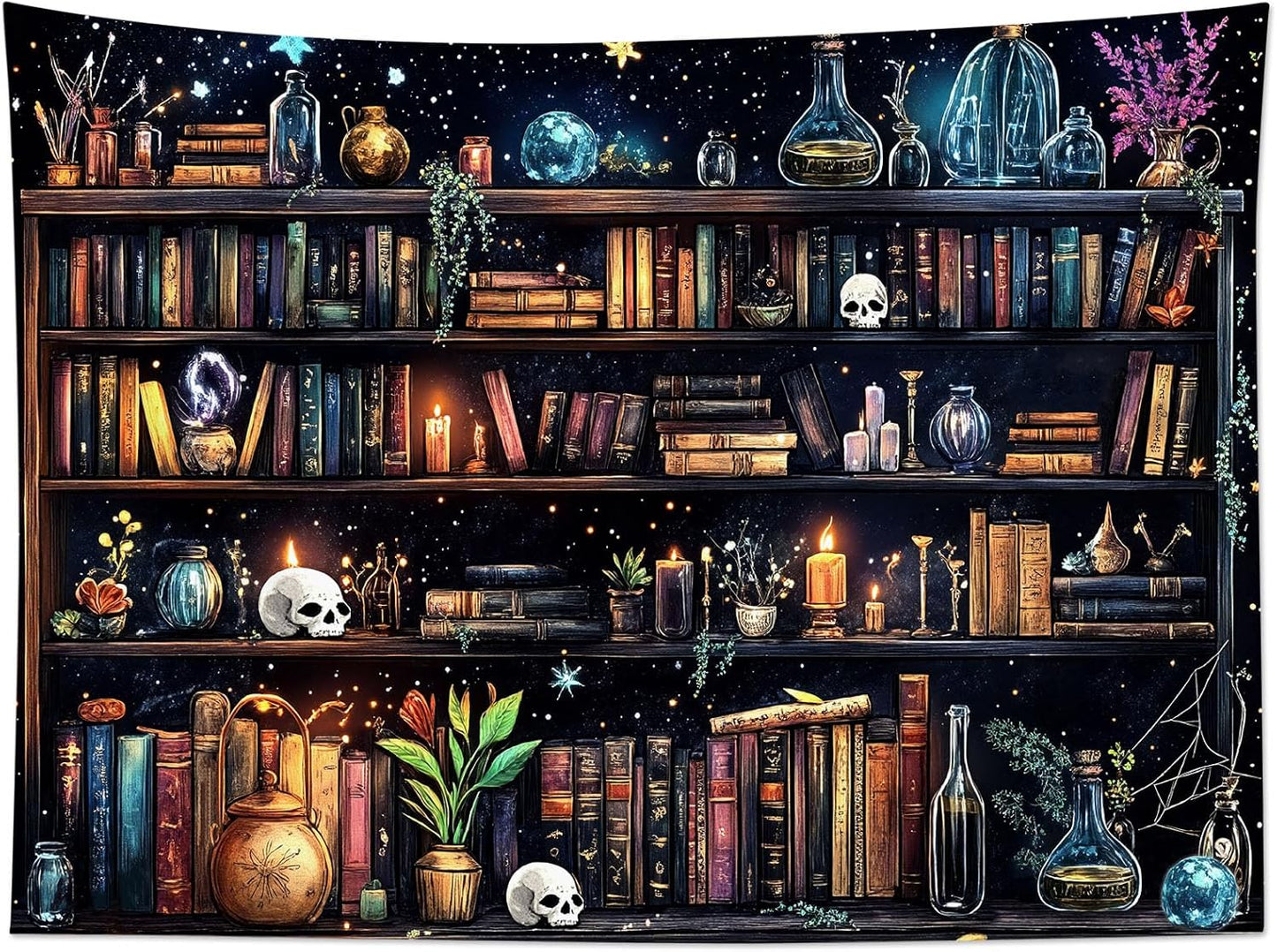 HVEST Magic Bookshelf Wall Tapestry Vintage Bookshelf Witchy Books Plant Skull Gothic Halloween Tapestry Wall Hanging Starry Sky Tapestries for Bedroom Living Room Dorm, 70.9L x 92.5W Inches