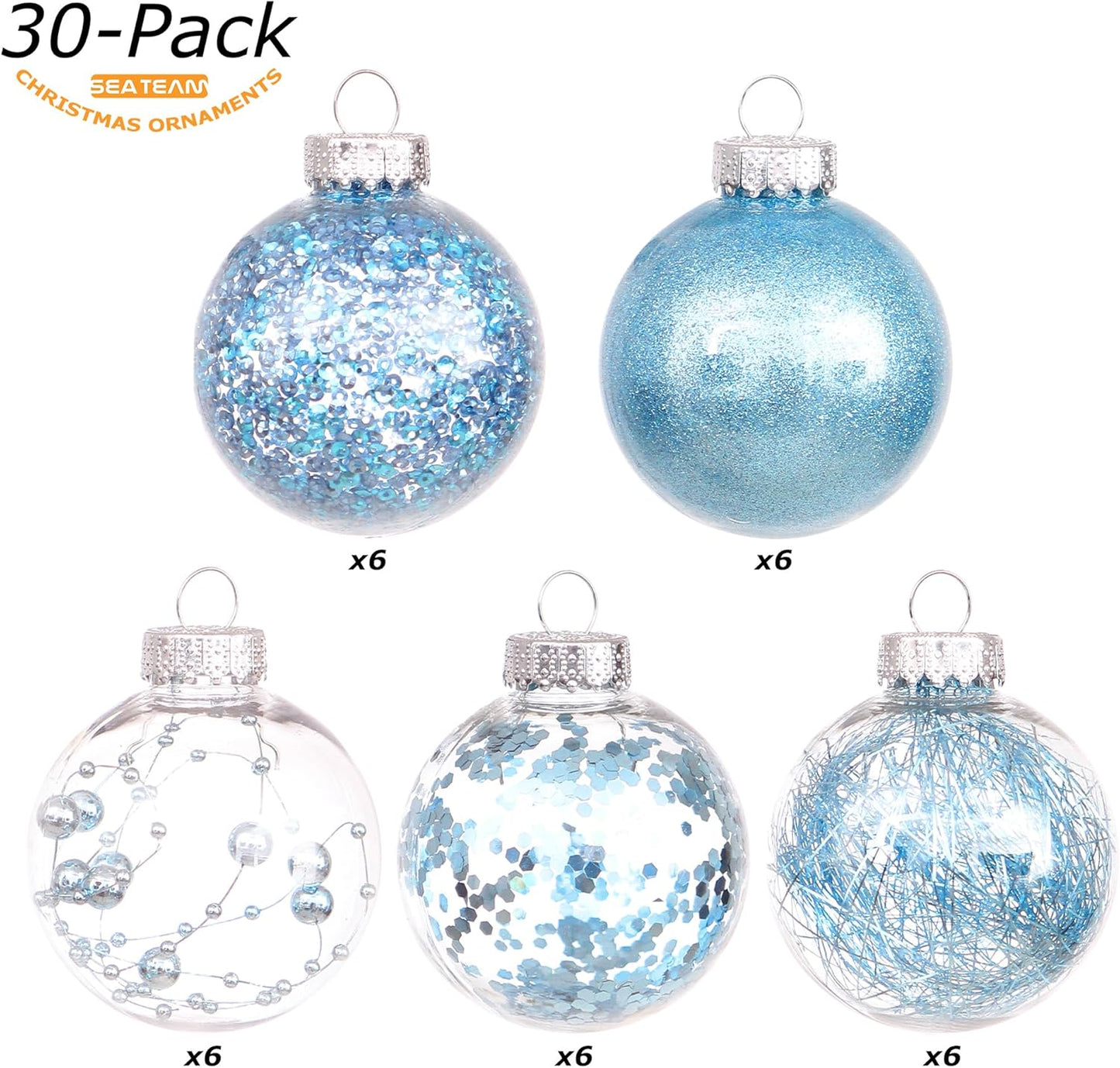 Sea Team Shatterproof Clear Plastic Christmas Ball Ornaments Decorative Xmas Balls Baubles Set with Stuffed Delicate Decorations (60mm/2.36 inch 30-Pack, Babyblue)