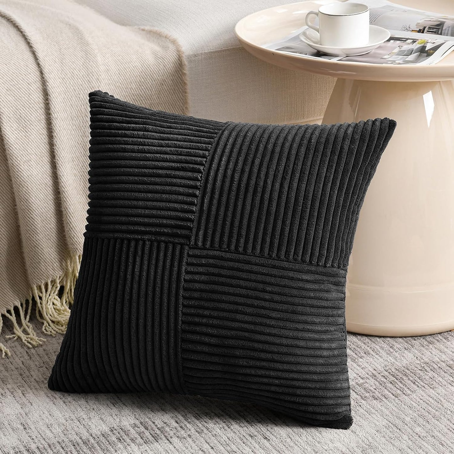 Fancy Homi 2 Packs Black Decorative Throw Pillow Covers 20x20 Inch for Living Room Couch Bed Sofa, Rustic Farmhouse Boho Home Decor, Soft Corss Corduroy Patchwork Accent Square Cushion Case 50x50 cm