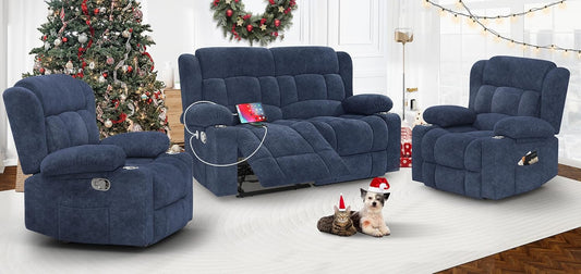Loveseat Recliner Sofa Set with 2+1+1 Pieces, 2 Seater Minimalist Style Fabric Manual Pull Tab Reclining Loveseat with USB Charge Ports, Cup Holders, Recliner Couches for Living Room, RV, Blue