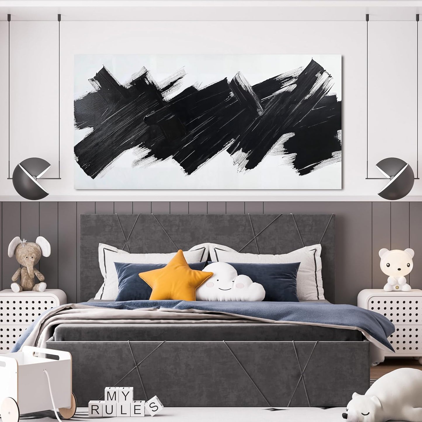 Abstract Wall Art Decor Modern Large Wall Art For Living Room Black Minimalist Wall Art Canvas Prints Black Abstract Art Wall Decorations Artwork for Walls Art Work For Home Office Wall Decor 24" X 48"