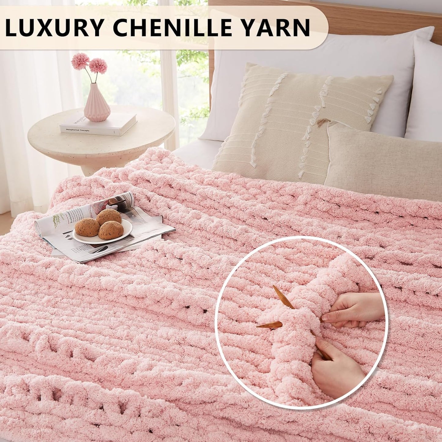 L'AGRATY Chunky Knit Blanket Throw - Soft Chenille Yarn Throw Blanket 40x50： Handmade Thick Cable Knit Crochet Blanke - Large Knit Blanket Chunky Rope Knot Throw Blanket for Couch Sofa Bed Home Decor