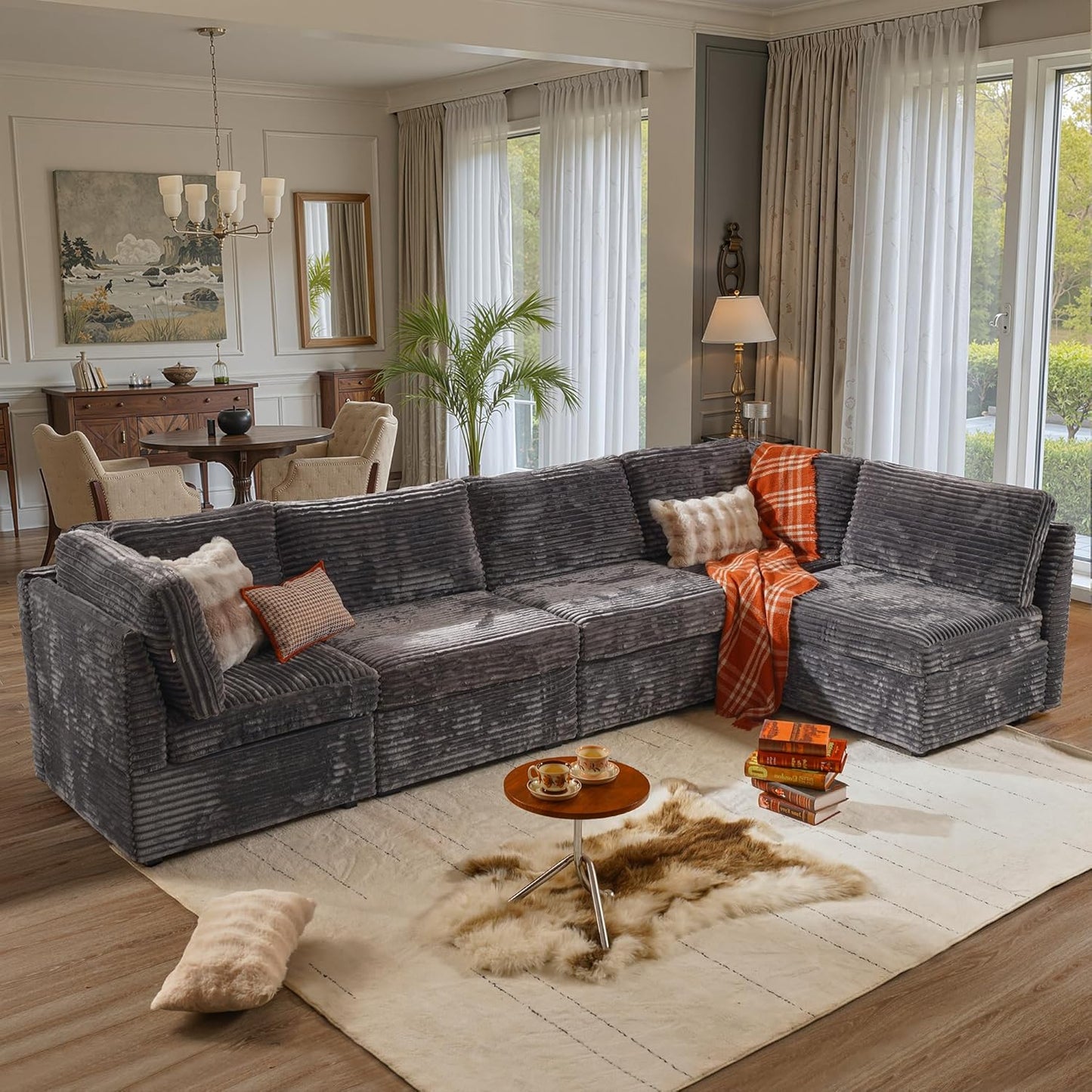 ovios Sectional Sofa Couch with L-Shape Chaise Oversized, Comfy Modular Cloud Couches with Deep Seat, Modern Upholstered Plush Corduroy Sofas Set for Living Room, 5-Seater, Grey