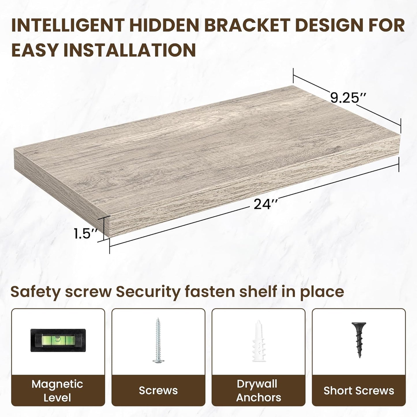 24 Inch Floating Shelves, 3D Textured Wood Grain, 24"x9.25"x1.5" Inch Deep Floating Shelves for Wall, Wooden Shelves for Bathroom, Bedroom, Living Room, Vintage Gray Oak