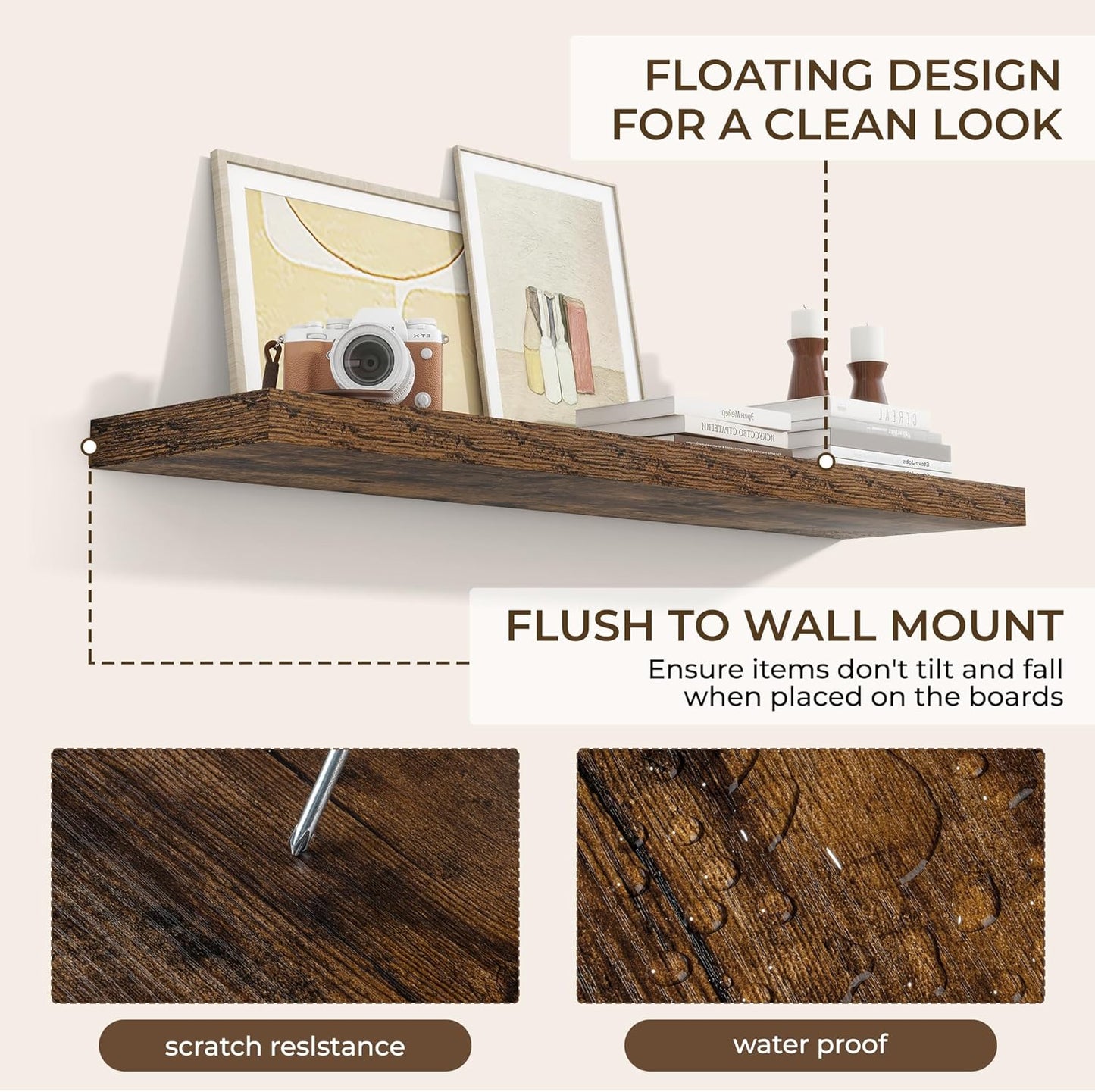 RICHFOCUS 48Inch Floating Shelves for Wall 1 Pack Shelves for Bedroom|Kitchen|Bathroom Wall Mounted Rustic Wood Floating Shelf with Invisible Brackets for Books|Storage|Decor, Rustic Brown