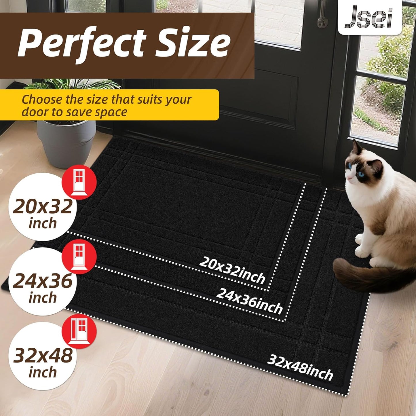 JSEI Entryway Rugs Doormat 32"x48", Non-Slip Dirt Trapper Door Mats Indoor, Washable Absorbent and Stain Resist Welcome Floor Mat for Front Door, Dog Door Mat, Muddy Wet Shoes & Paws, Black