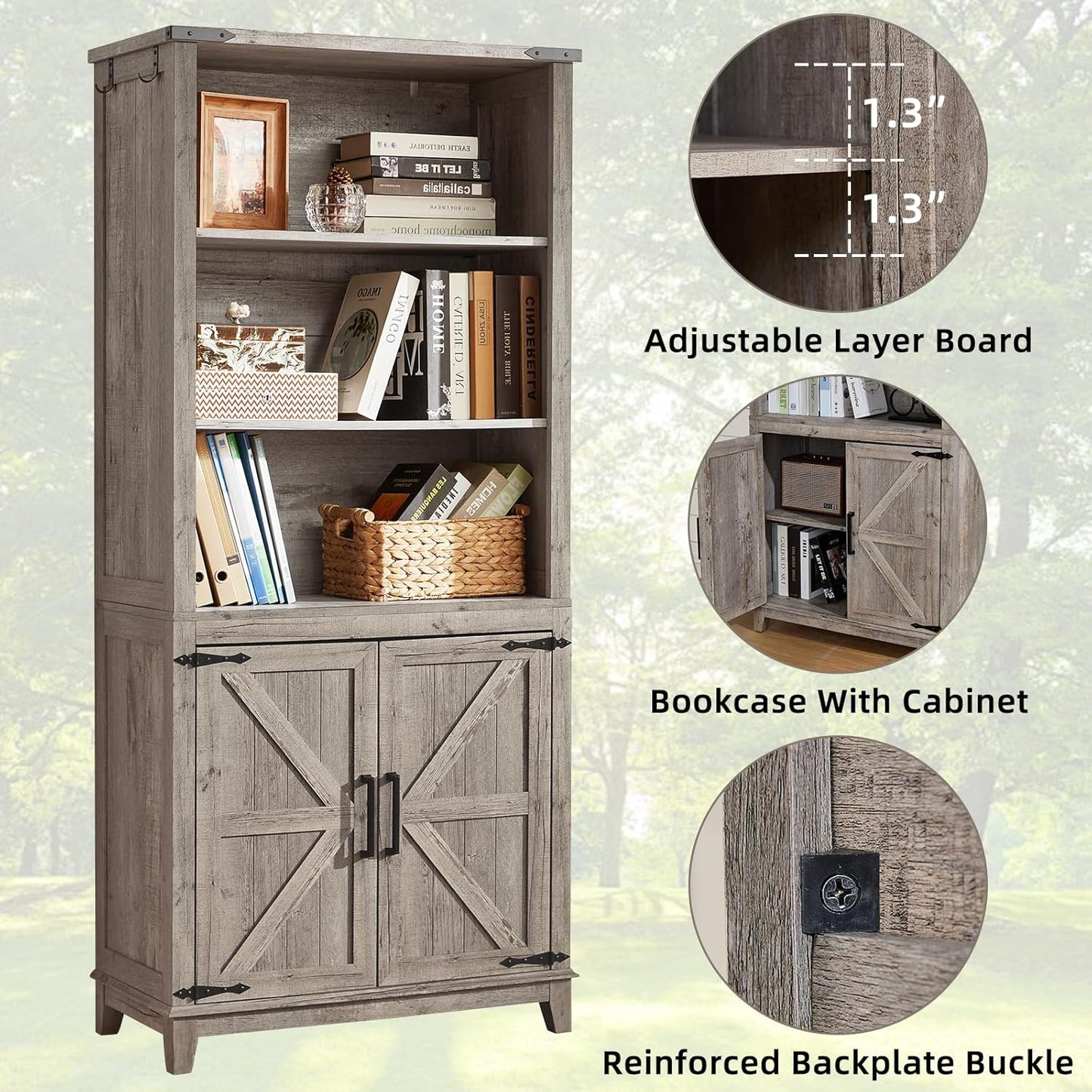5 Tier Bookshelf 70in Tall Bookcase with Barn Doors and Storage Cabinet, Grey Farmhouse Book Shelf with Adjustable Shelves, Wood Freestanding Display Bookshelves for Bedroom, Kitchen (3PCS)