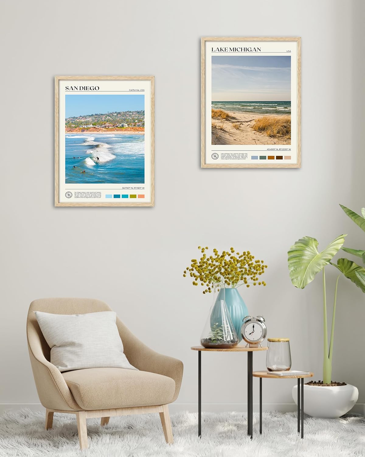 HesenDot Natural OAK Wood San Diego Surfing Framed Wall Art,12x16in Natural Seascape Canvas Wall Print,Classic Urban Landmark Wall Decor for Living Room,Bedroom,Office Gallery Gifts Set of 1