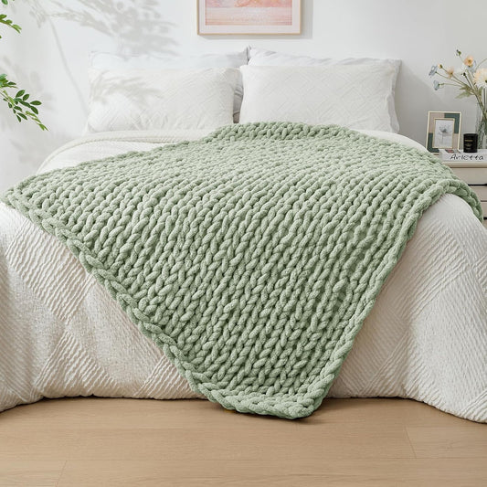 Bigacogo Chunky Knit Throw Blanket for Couch, 40x60 inches, 100% Hand Knitted with Thick Jumbo Chenille Yarn, Cozy Soft Large Rope Knot Cable Crochet Blankets for Sofa Bed Living Room, Sage Green