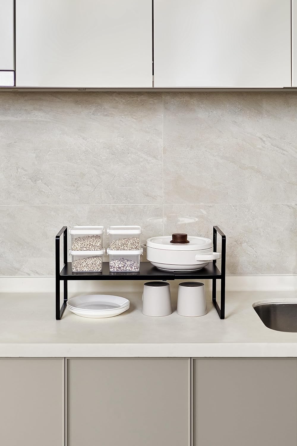 Nxconsu Cabinet Shelf Expandable Height Adjustable Organizer Riser for Kitchen Cabinet Pantry Cupboard Under Sink Countertop Organization Storage Space Saver Stackable Heavy Duty Metal Black XL