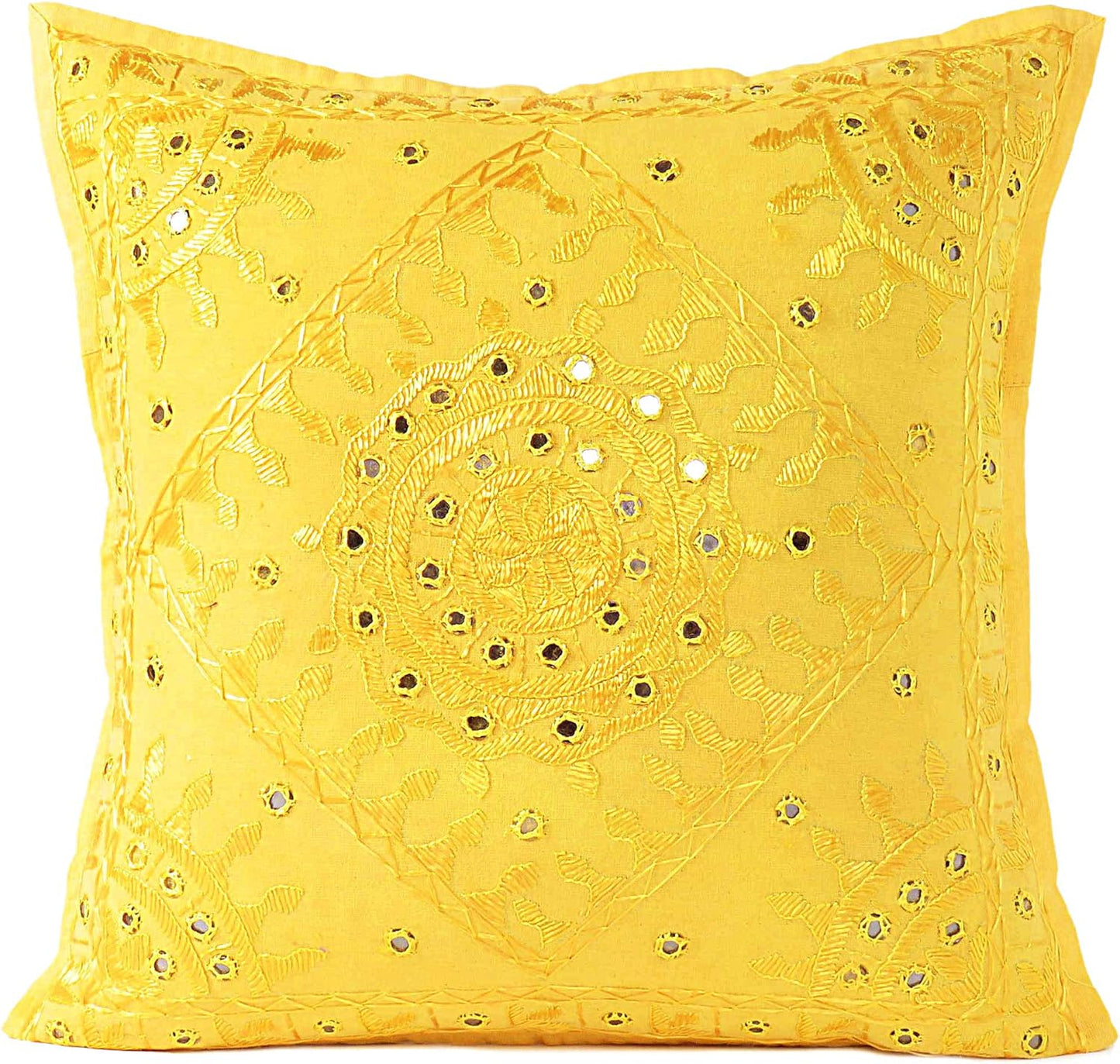 Eyes of India Embroidered Decorative Boho Throw Pillow Cover with Mirrors, Handmade Bohemian Accent Cushion Case for Sofa Couch Bedroom Living Room (Yellow, 24" x 24")