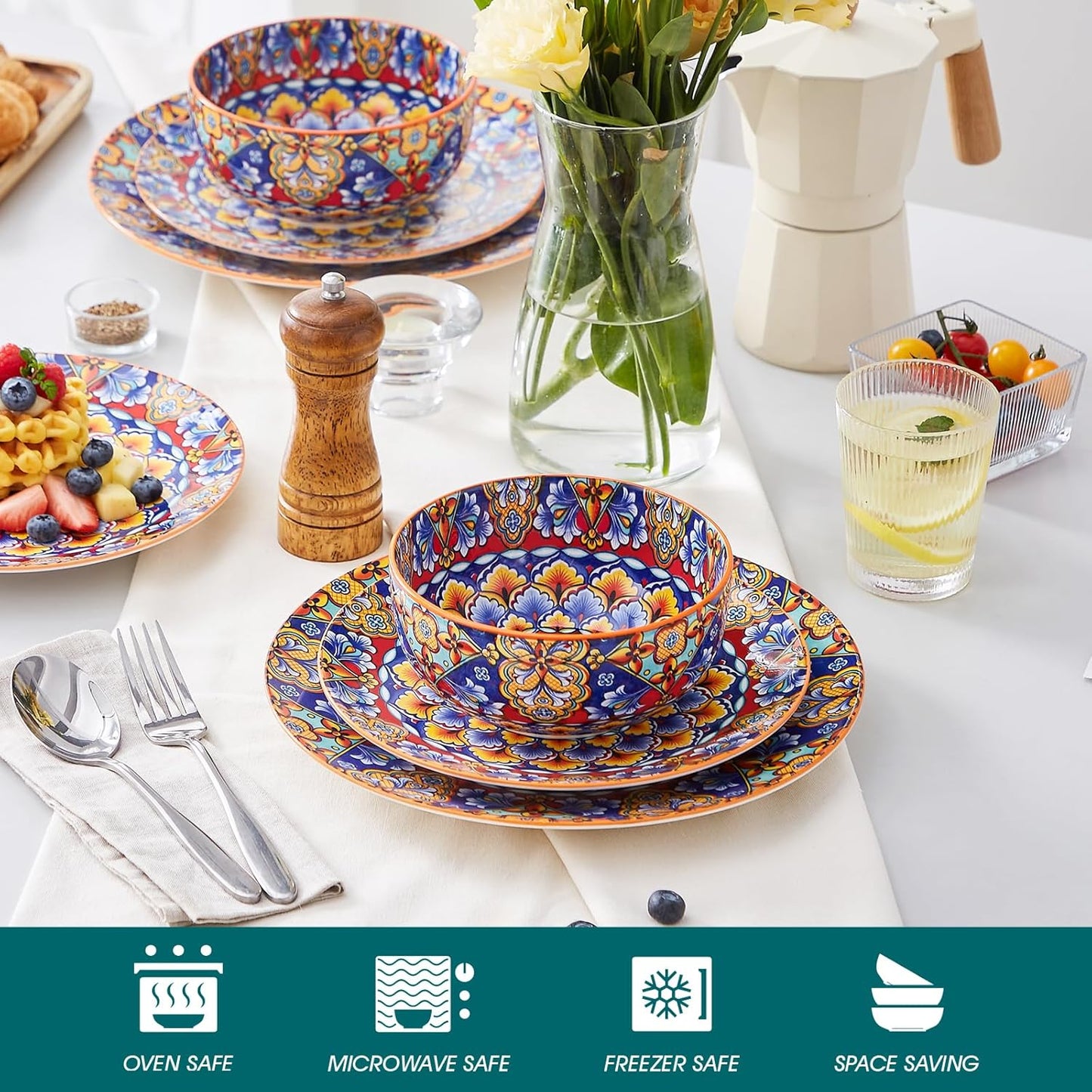 vancasso 12 Pieces Dinnerware Sets, Orange Plates and Bowls Set, Porcelain Dishes Set for 4, Microwave and Dishwasher Safe, Scratch Resistant, Bohemian Style Dining Ware Service for 4, Series SIMI